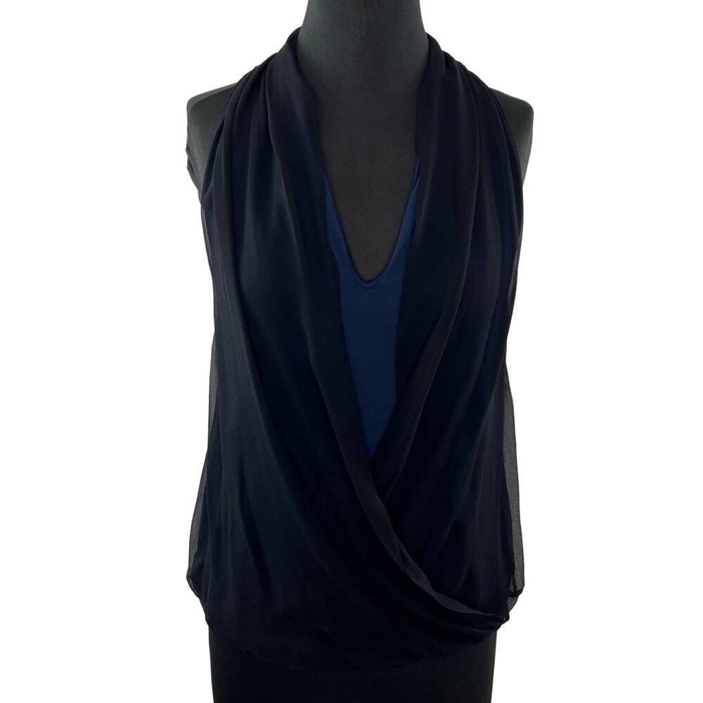 Haute Hippie Blue Black Silk Faux Wrap Draped Sleeveless Blouse Tank Top XS